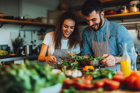 Two individuals joyfully prepare a colorful salad using fresh ingredients in a bright kitchen.の写真素材