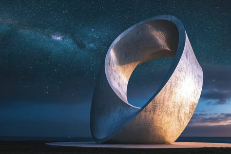 An artistic sculpture stands illuminated against a backdrop of a clear, starry sky, showcasing its unique design.の写真素材