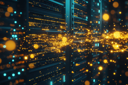 Bright particles illustrate data transmission in a high-tech server room filled with servers and hardware.の写真素材