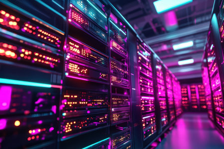 Rows of servers illuminated by colorful neon lights create a captivating and high-tech atmosphere.の写真素材