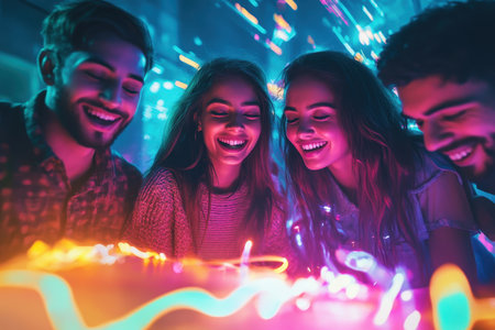 Four friends share joyful moments, surrounded by vibrant lights, smiling and having fun together in the evening.の写真素材