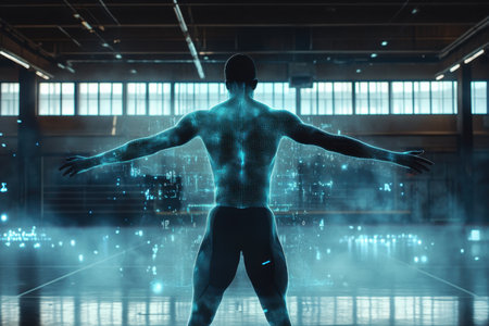 A digital representation of an athlete stands with arms outstretched, surrounded by virtual effects in a sports hall.の写真素材