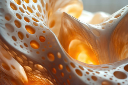 An abstract sculpture showcases a captivating design with hollow structures illuminating a warm glow.の写真素材