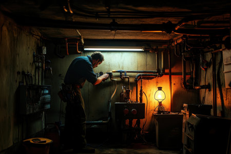 A skilled worker focuses on repairing pipes in a dim basement, illuminated by a lantern as evening settles in.の写真素材