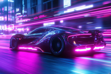 A sleek sports car speeds through a vibrant city street illuminated by colorful neon lights at night.の写真素材
