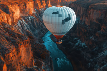 A colorful hot air balloon floats gracefully over a rocky canyon, reflecting the golden hues of sunrise.の写真素材