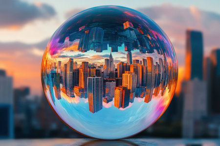 A city skyline is beautifully reflected in a crystal sphere, capturing the colors of sunset.の写真素材