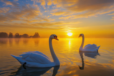 Two elegant swans swim peacefully in a calm lake, illuminated by the beautiful colors of dawn.の写真素材