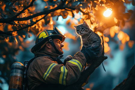 A firefighter holds a rescued cat in a tree, illuminated by glowing lights at dusk amidst autumn leaves.の写真素材