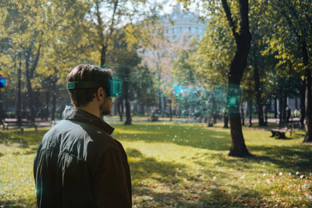 Individual engages with augmented reality technology in a vibrant park setting on a sunny day.の写真素材