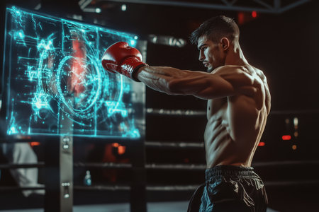A boxer practices his strikes while interacting with a virtual reality interface in a dimly lit gym.の写真素材
