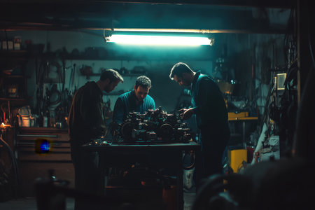 Three people are focused on fixing an engine in a workshop illuminated by a bright overhead light.の写真素材
