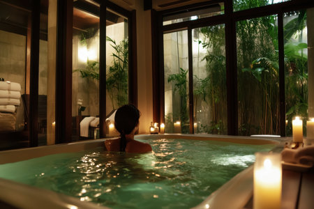 Enjoying a peaceful soak in a luxurious indoor spa surrounded by greenery and soft candlelight.の写真素材