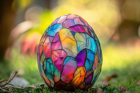 A beautifully crafted stained glass egg sits on lush green grass, showing vibrant colors in sunlight.の写真素材