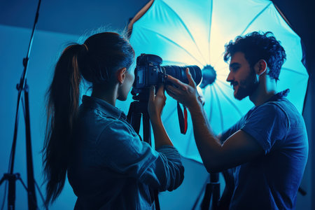 A male photographer assists a female model as they prepare for a creative indoor photography shoot.の写真素材