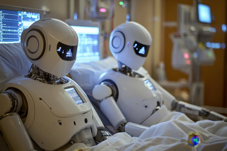 Two humanoid robots are resting in hospital beds, monitored by advanced medical equipment in a high-tech environment.の写真素材