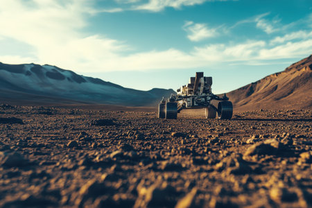 A robotic rover navigates the rugged landscape, investigating geological features in a remote mountain environment.の写真素材