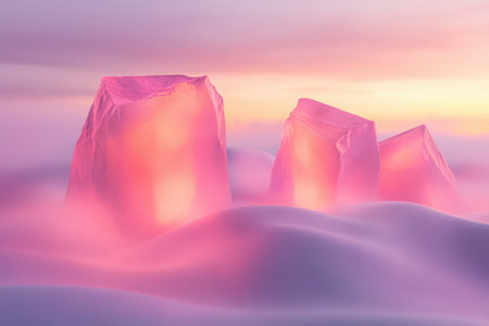 Ethereal pink ice structures emerge from a snowy foreground under a pastel sky during sunset.の写真素材