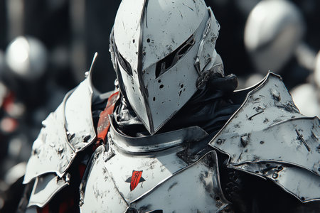 A heavily armored knight prepares for battle, displaying his gleaming but worn armor and helmet features.の写真素材