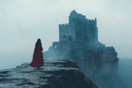 A figure draped in a red cloak walks along a foggy cliff toward an ancient castle, evoking a sense of adventure.の写真素材