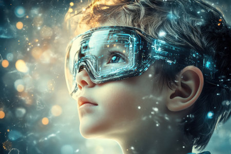 A child with futuristic goggles looks up in awe, surrounded by a dazzling display of lights and digital effects.の写真素材