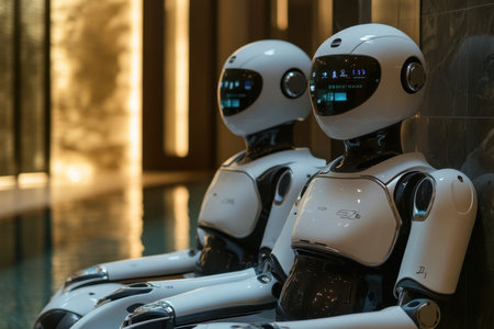 Two sleek robots with digital displays rest side by side in a stylish, illuminated lobby at night.の写真素材
