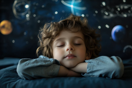 A child with curly hair rests peacefully with eyes closed, surrounded by a starry, cosmic mural in a dimly lit room.の写真素材