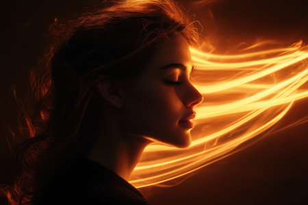 A woman with gently flowing hair stands in profile, her features soft and serene against warm lighting.の写真素材