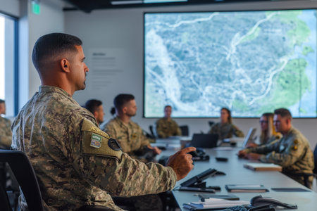 Soldiers participate in a tactical briefing with maps and data in a command center during a training exercise.の写真素材