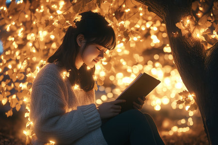 A young woman sits peacefully, reading a book by the light of glowing fairy lights on a tree.の写真素材