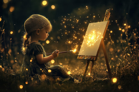 A young child creates art on an easel, surrounded by glowing sparkles in a twilight setting.の写真素材