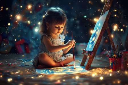 Child sits on the floor, painting joyfully on an easel surrounded by twinkling lights and vibrant colors.の写真素材