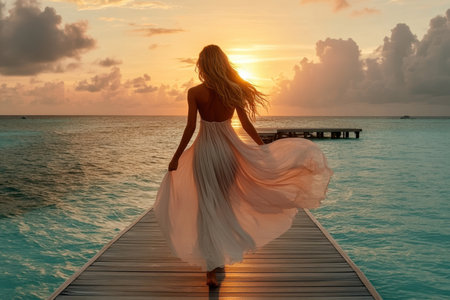 A woman strolls on a dock, wearing a flowing dress as the sun sets over the tranquil ocean waters.の写真素材