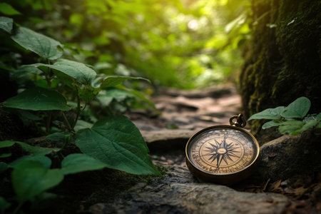 A compass lies among stones and vibrant green leaves along a winding forest trail illuminated by soft sunlight.の写真素材