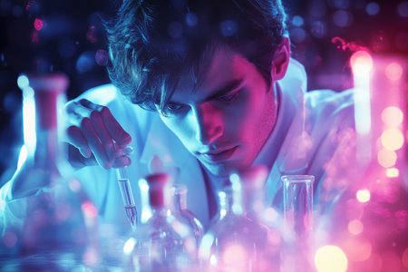 A young scientist focuses intently on mixing chemicals in clear glass containers under vibrant lights.の写真素材