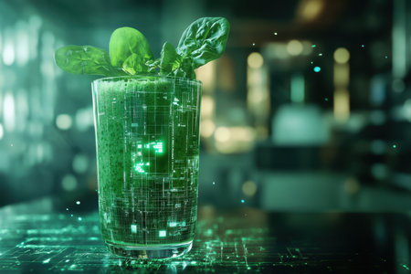 A vibrant green smoothie with spinach sits in a glass, surrounded by a digital atmosphere of glowing elements.の写真素材