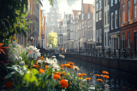 Colorful flowers line a calm canal, reflecting the charming architecture of an old city on a sunny day.の写真素材