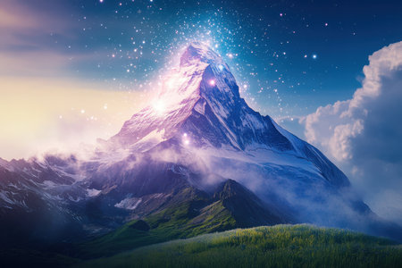 A majestic mountain rises into the sky, enveloped in swirling clouds and illuminated by sparkling stars at dusk.の写真素材