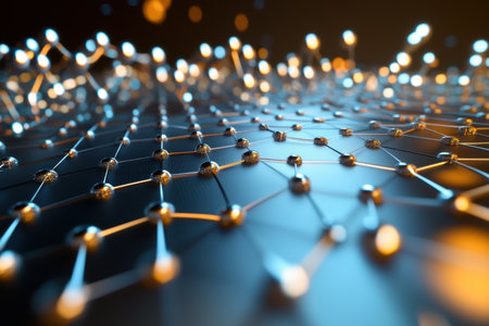 Glowing nodes and lines create a dynamic network, showcasing modern technology against a dark backdrop.の写真素材