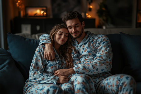 A couple enjoys a serene night together in cozy pajamas, nestled on a couch, surrounded by soft lighting.の写真素材