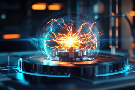 A plasma sphere emits bright electric arcs in a sleek laboratory, showcasing advanced technology and energy.の写真素材