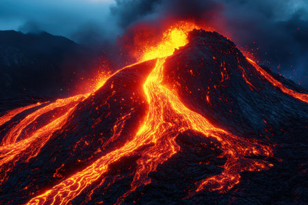 A volcano erupts with vibrant lava flows and thick ash clouds during twilight, showcasing nature's power.の写真素材