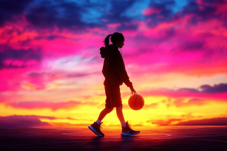 A young person walks with a basketball in hand against a vivid sunset background, enjoying the moment.の写真素材