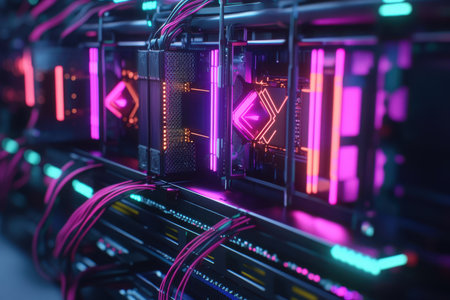 A colorful display of interconnected servers illuminated by neon lights in a modern data center.の写真素材
