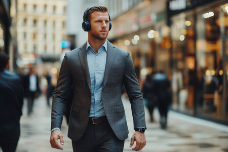 A businessman in a suit walks confidently down a busy shopping street while enjoying music through his headphones.の写真素材