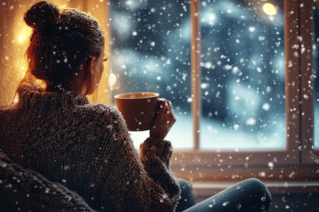 A person enjoys a hot drink by the window, watching snowflakes fall softly outside on a winter evening.の写真素材