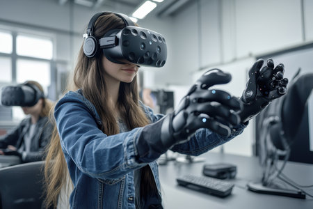 Participants engage in a hands-on virtual reality workshop, using advanced VR headsets and gloves.の写真素材