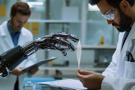 Two scientists conduct experiments with a robotic arm and advanced materials in a high-tech lab.の写真素材