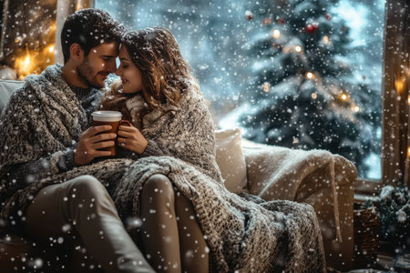 A couple enjoys hot drinks wrapped in blankets by a snow-covered window while snowy flakes fall.の写真素材