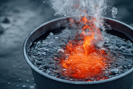A metal container holds bubbling liquid, with flames rising from the surface for a dramatic effect.の写真素材